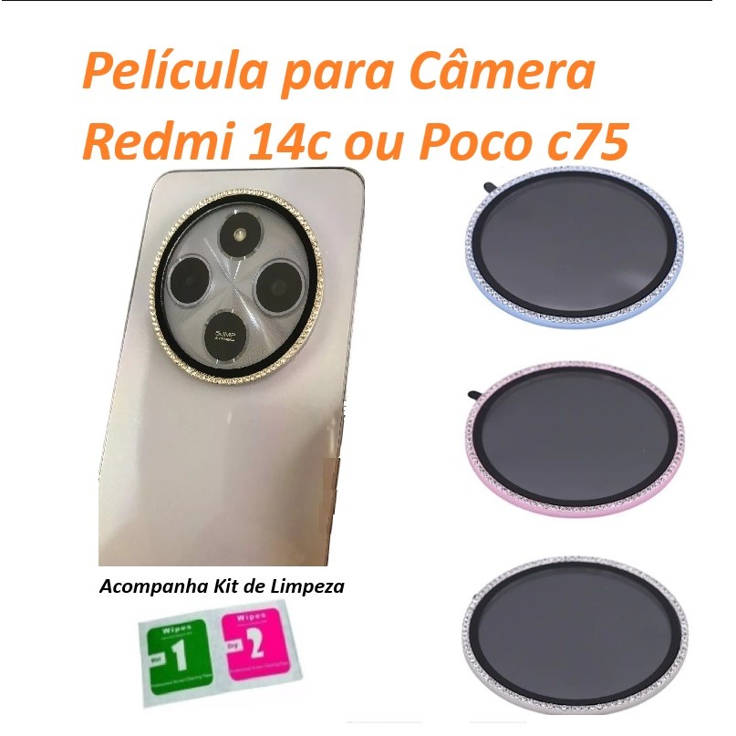 Película Protetora da Câmera Colorida Com Strass Brilho para Redmi 14C / Poco C75