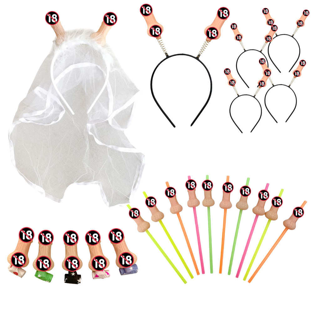 Kit Despedida de Solteira 1 Véu de Noiva Erótico + 10 Canudos PELE + 5 Tiara PELE + 5 Língua de Sogra