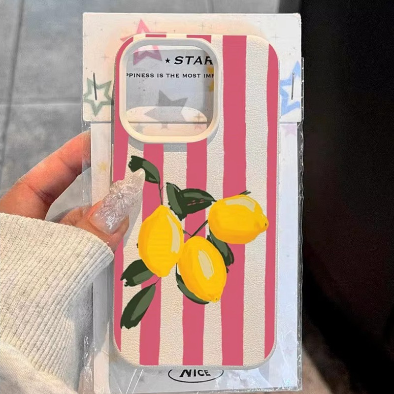 Limão Rosa Listra Design Caso De Telefone Para iPhone 16e 15 14 13 12 11 Pro Max Plus XR XS Lichee Padrão Capa Macia em Oferta na Shopee