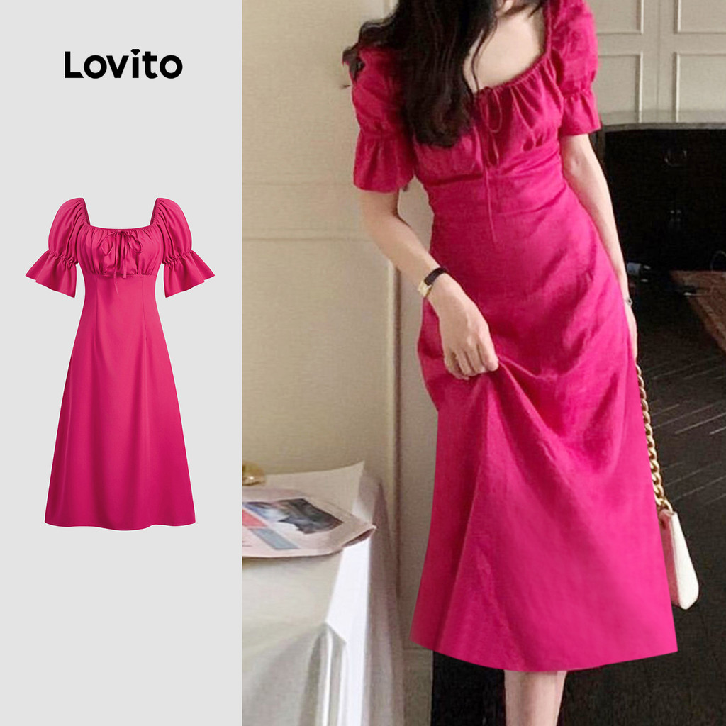 Lovito Vestido Elegante com Lacinho Babados Toque Suave Primavera/verão Vermelho Rosado L137LD031 em Oferta na Shopee