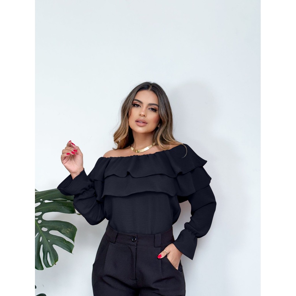 Blusa Feminina Ciganinha Manga Longa Boho Chic Bufante Babado em Oferta na Shopee