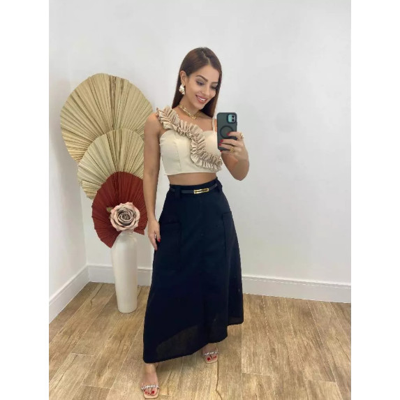 Saia Longa Feminina Linho Forrado Cintura Alta Casual Moda Evangelica Têndencia 2025 — imagem 2 de 2