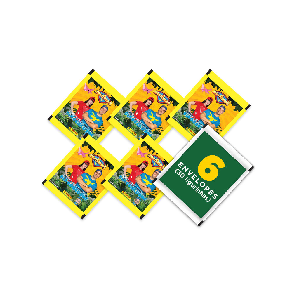 Luccas Neto e Gi - Pack 6 Envelopes (30 Figurinhas) Oficial Os Aventureiros no Mundo dos Dinossauros em Oferta na Shopee