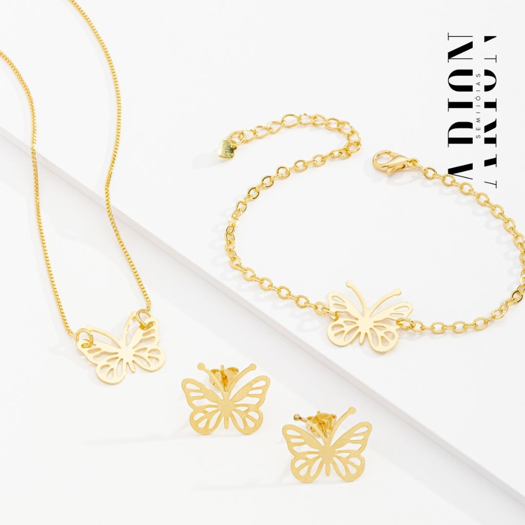 Kit Conjunto Colar, Brinco e Pulseira Borboleta Vazada Dourado Semijoia Feminina Banhado a Ouro em Oferta na Shopee