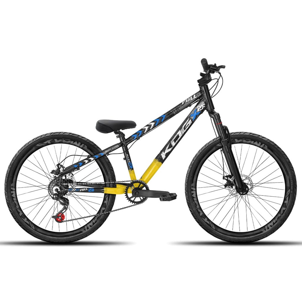 Bicicleta aro 26 KOG Freeride 1x7 Preto Amarelo e Azul Vmaxx Preto Fosco - Pneus Preto - Mesa Curta Preto - Guidão Preto