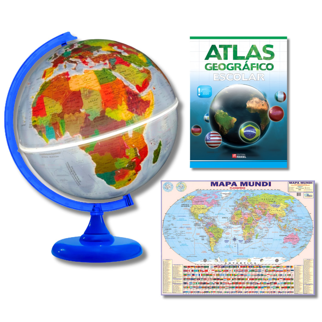 Globo Físico Terrestre Luminoso Base Azul 30cm + Mapa Mundi + Atlas Geográfico