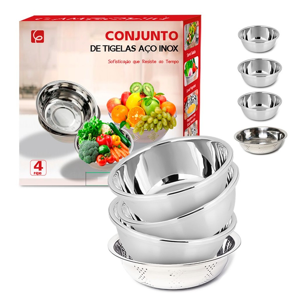 Epsilon Kit 4 Tigelas Bowls Em Aço Inox com Escorredor Design Moderno