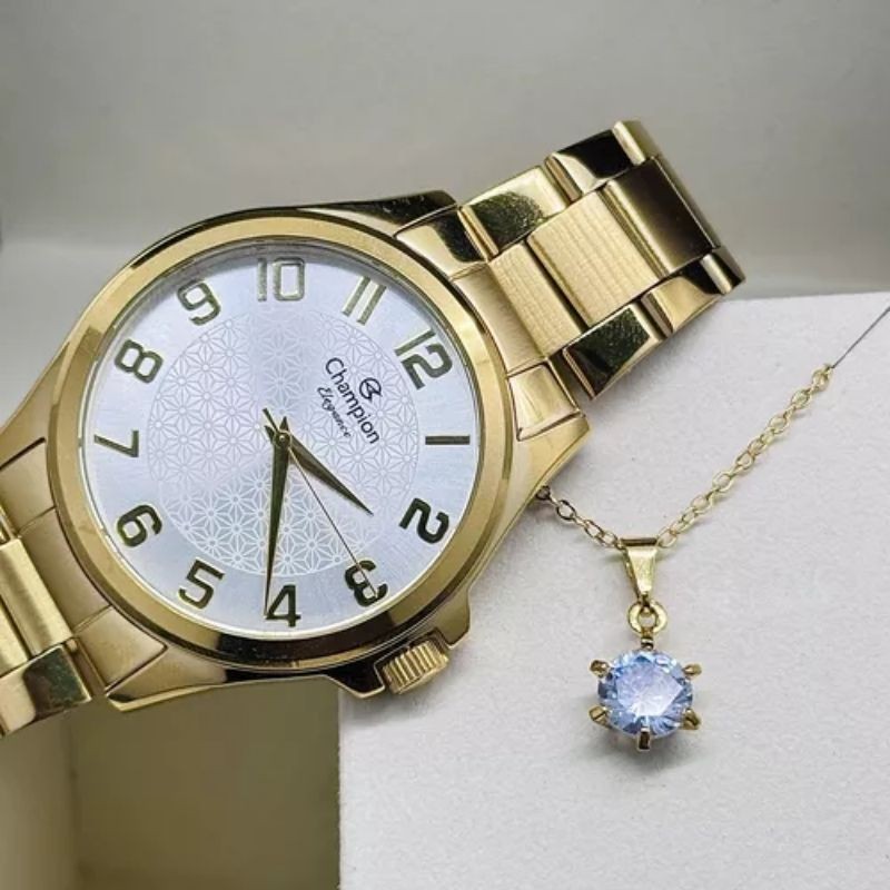 Relógio Feminino Champion Dourado Kit com Colar e Brincos Ponto de Luz Fundo do Relógio Branco