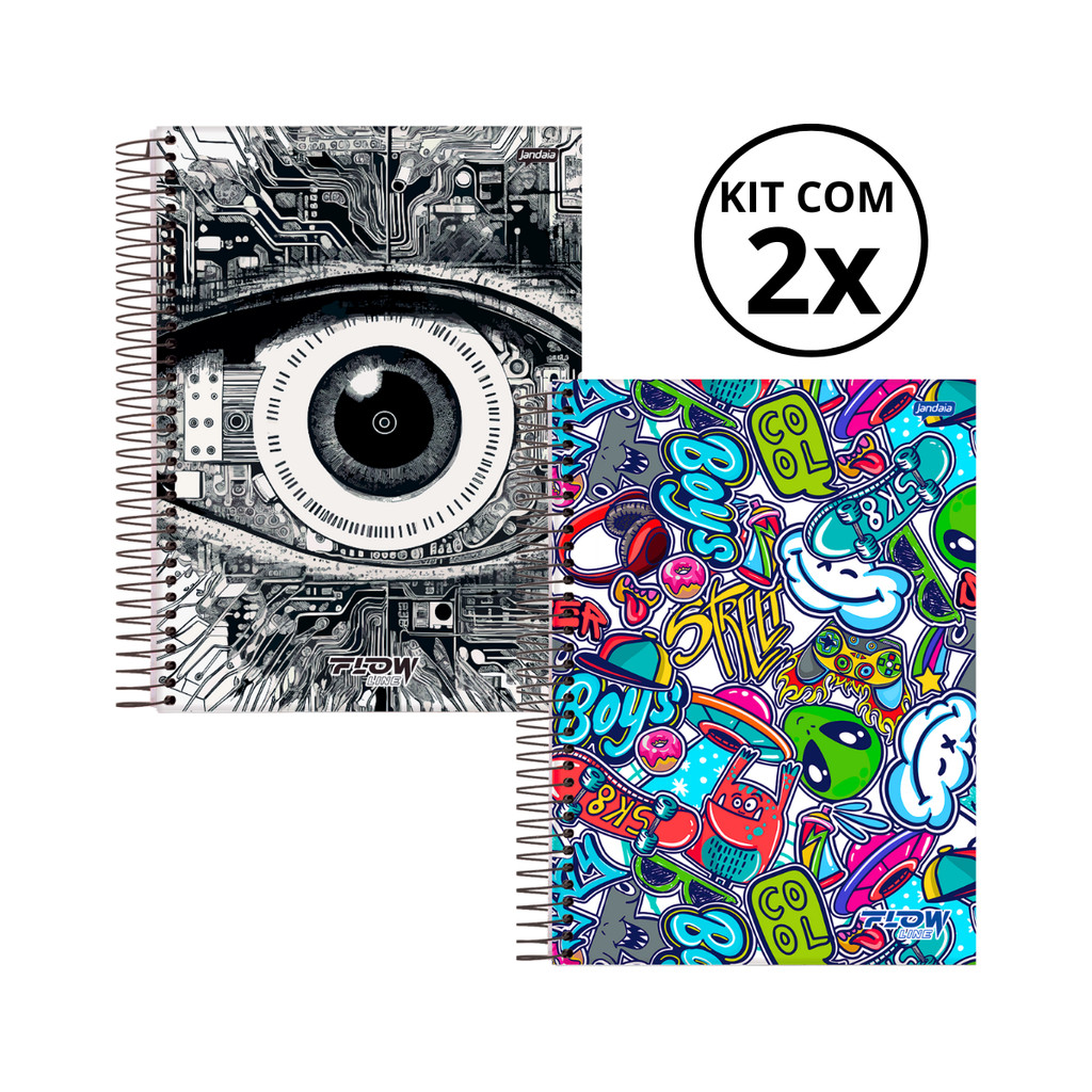 Kit 02 Cadernos Universitário 15 Matérias 240 Folhas Flow - Jandaia CAPA:Olho/Bo