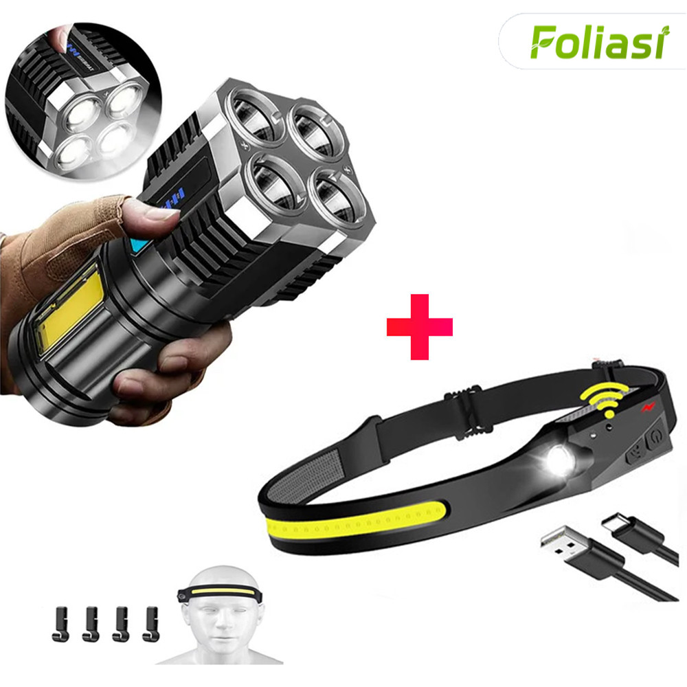 Kit de lanterna tática recarregável + lanterna corporal LED USB Lanterna esportiva para acampamento