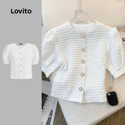 Lovito Elegante Blusa de Botões com Textura Na Frente Ideal para Primavera/verão Branca para mulheres L142ED157