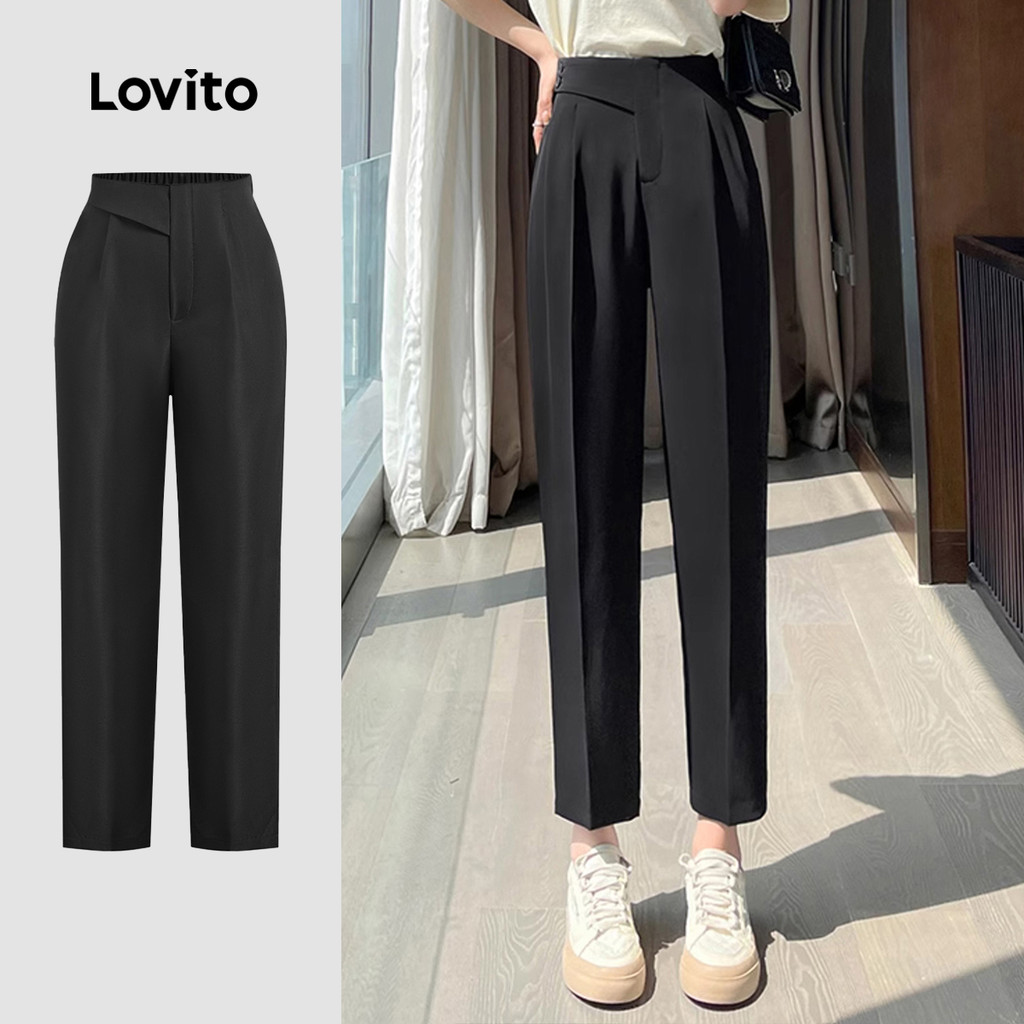 (New) Lovito Calças Casuais com Botões para Primavera/verão  Calças Pretas para mulheres L143AD1610 em Oferta na Shopee