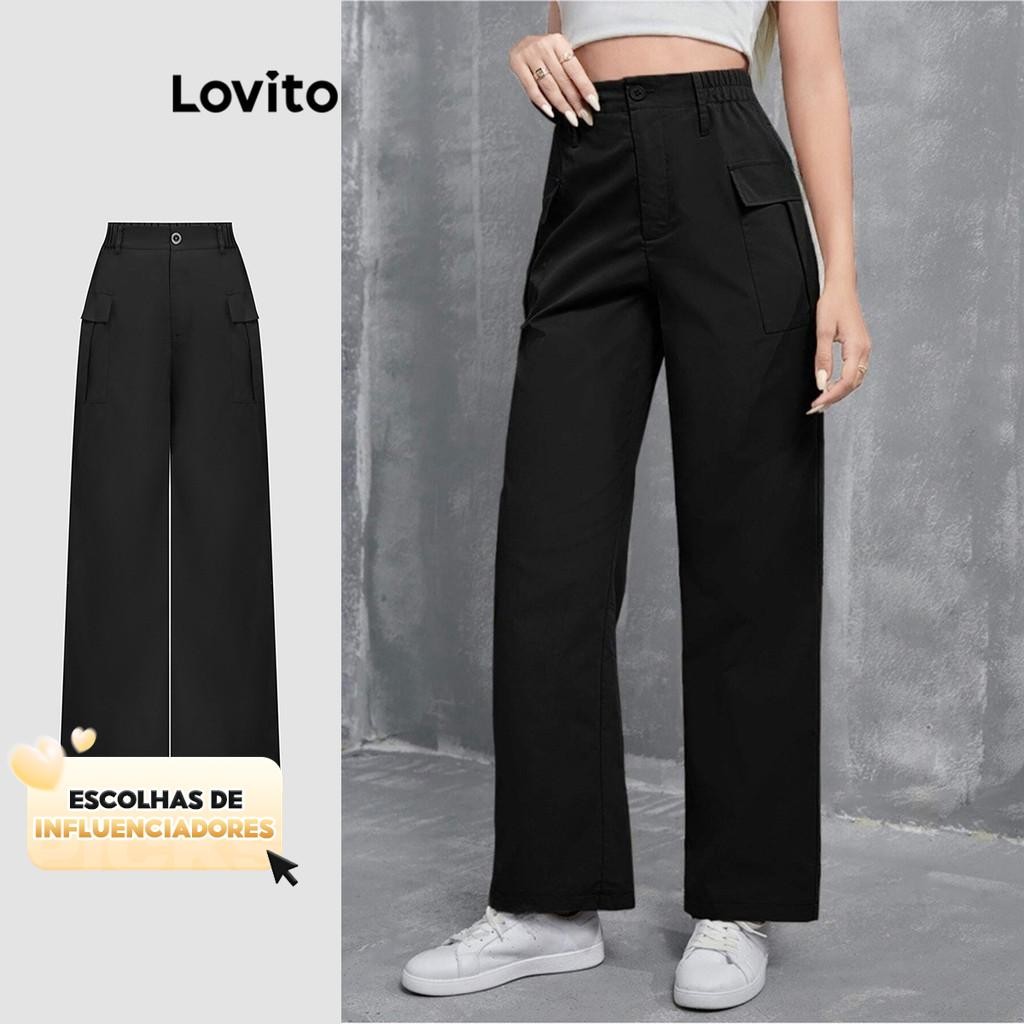 (KOL‘s pick) Lovito Calça Casual Simples com Bolso para Mulheres L108ED1078