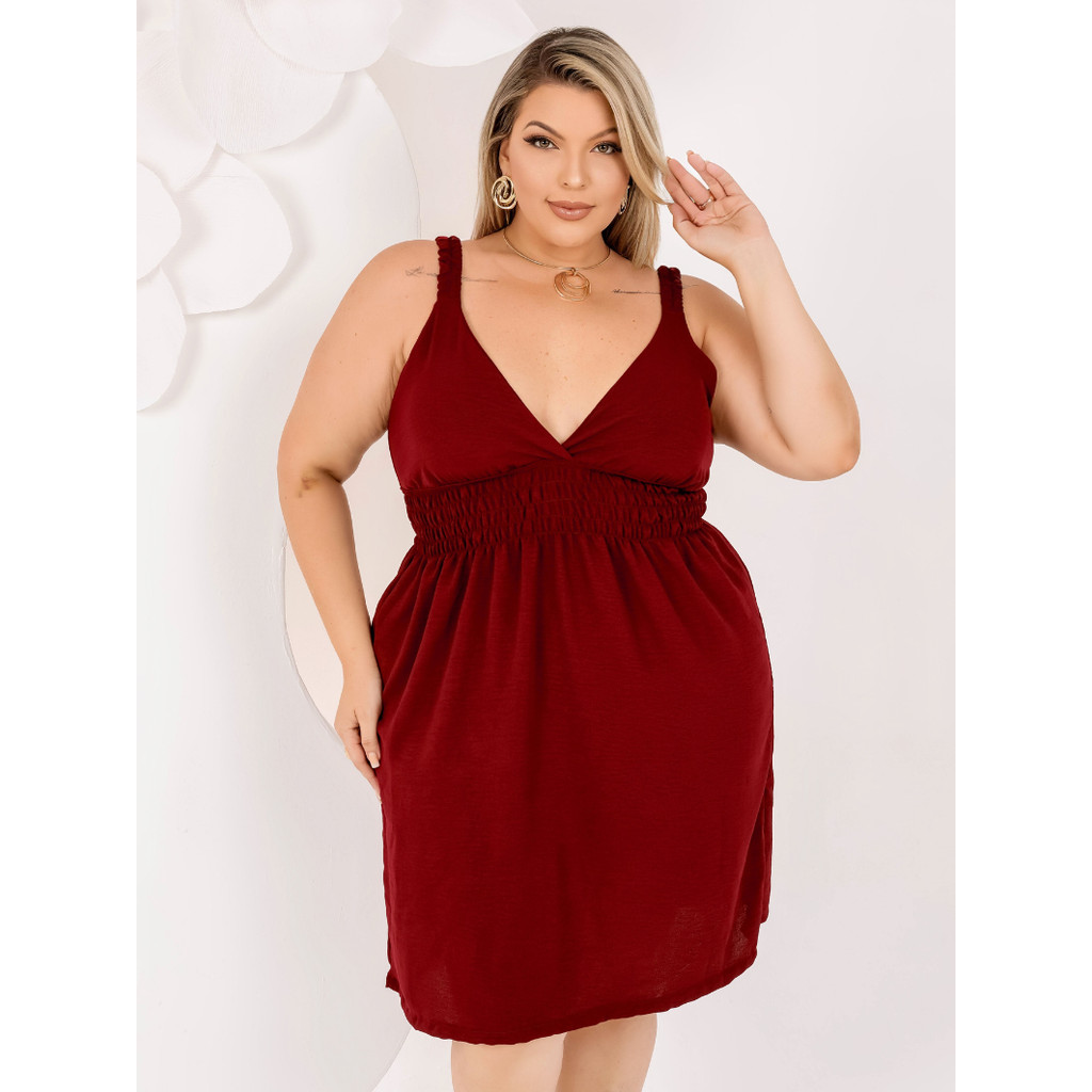 Vestido Curto Plus Size Alças Decote V Ajuste de Elástico na Cintura Soltinho