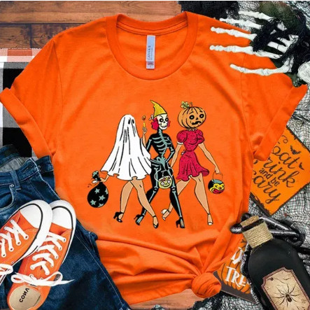 Linda 30.1 Camiseta Festa Fantasia Halloween Boo Fantasma Mulher Esqueleto e Mulher Cabeça de Abóbora Doces ou Travessur