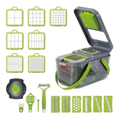 Kit Cortador Ralador Manual Multifuncional Utensilios Culinarios 16 Pecas Cinza Verde