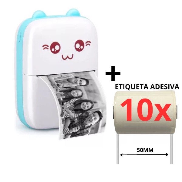 Mini impressora bluetooth foto gatinho + 10 rolos de etiqueta