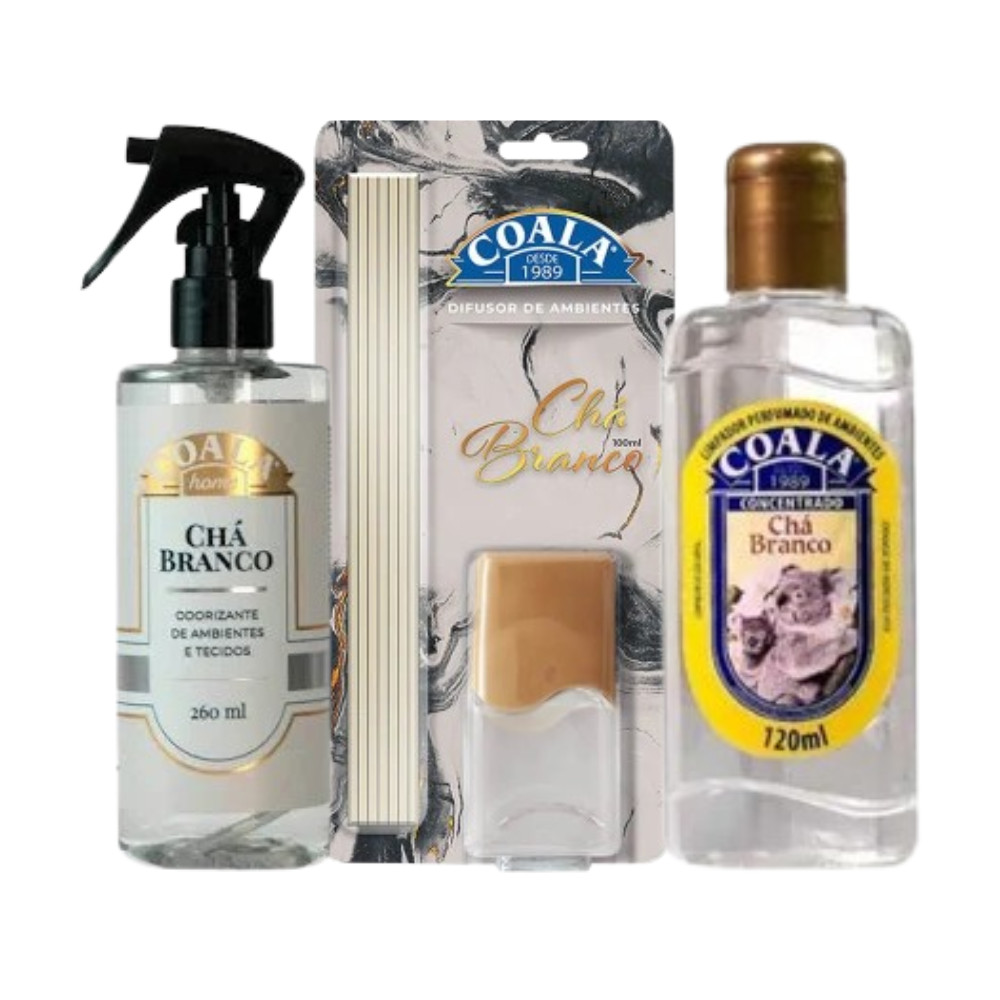 Kit Coala Chá Branco Odorizante Difusor Limpador Concentrado Óleos Essenciais Perfume Casa Carro