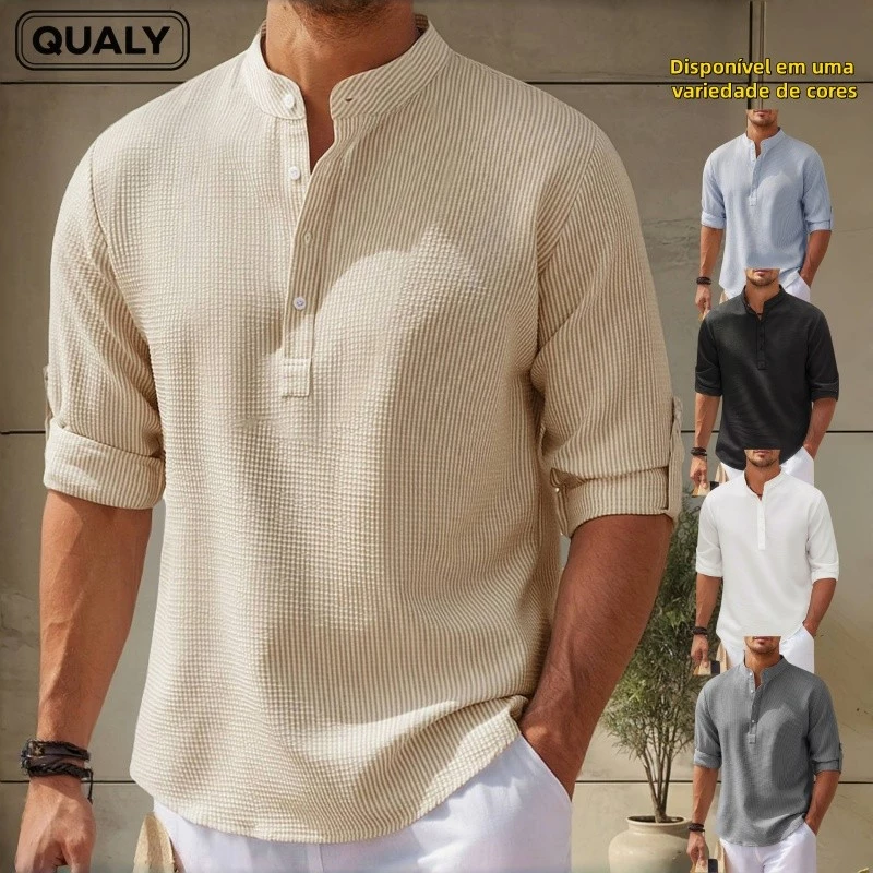 Camisa Manga Longa Masculina Blusa Social Estilosas Solta Casual Waffle Bata Com Colarinho Meio Botão - QUALY — imagem 1