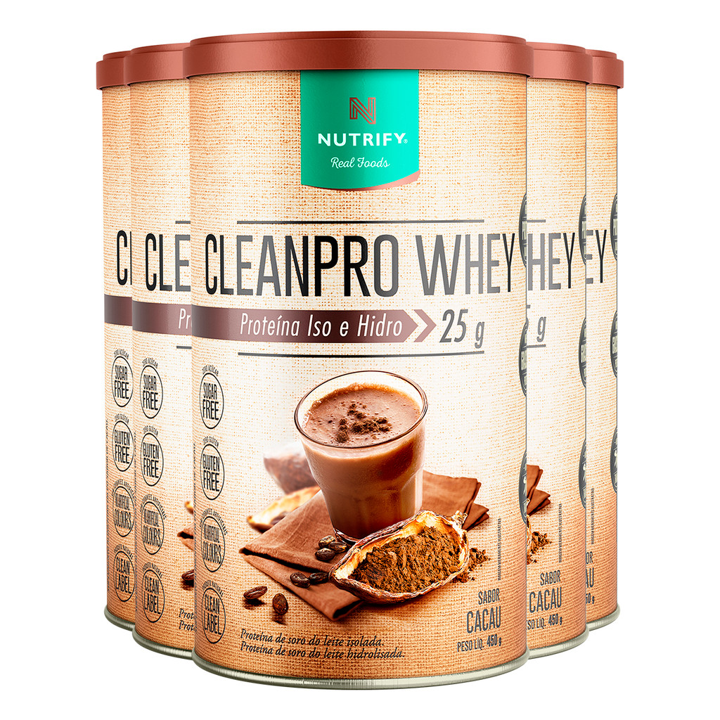 Kit 5 Clean Pro Whey Hidrolisado Cacau Nutrify 450g