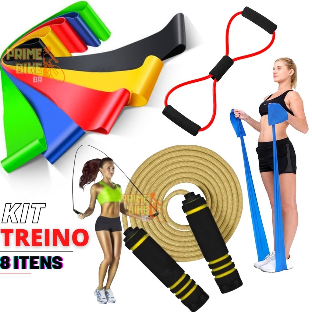 Kit 5 Elástico de Treino Mini Band + Faixa Elástica Cross turbe + Corda de Pular Crossfit em Oferta na Shopee