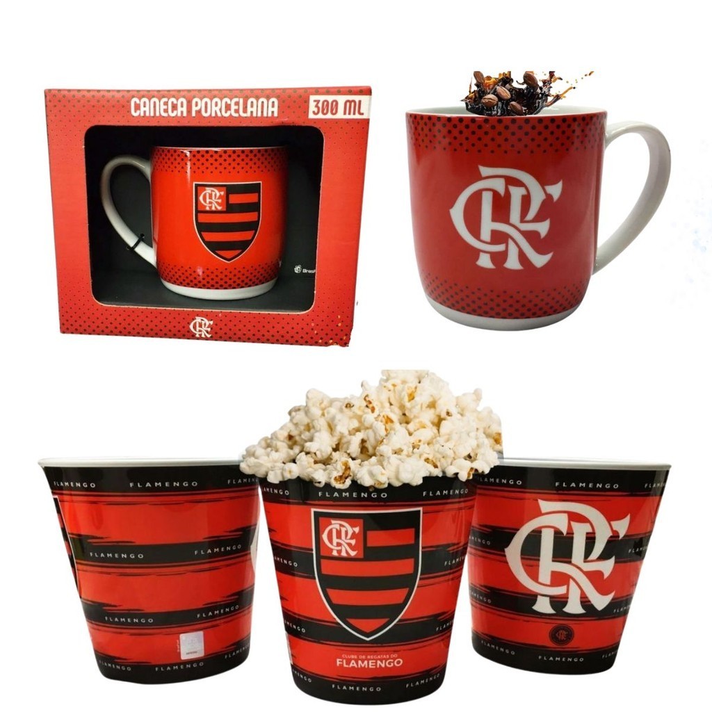 Kit 1 Balde Para Pipoca Grande 2,5l Time Flamengo + 1 Caneca Porcelana Premium Time Flamengo CRF