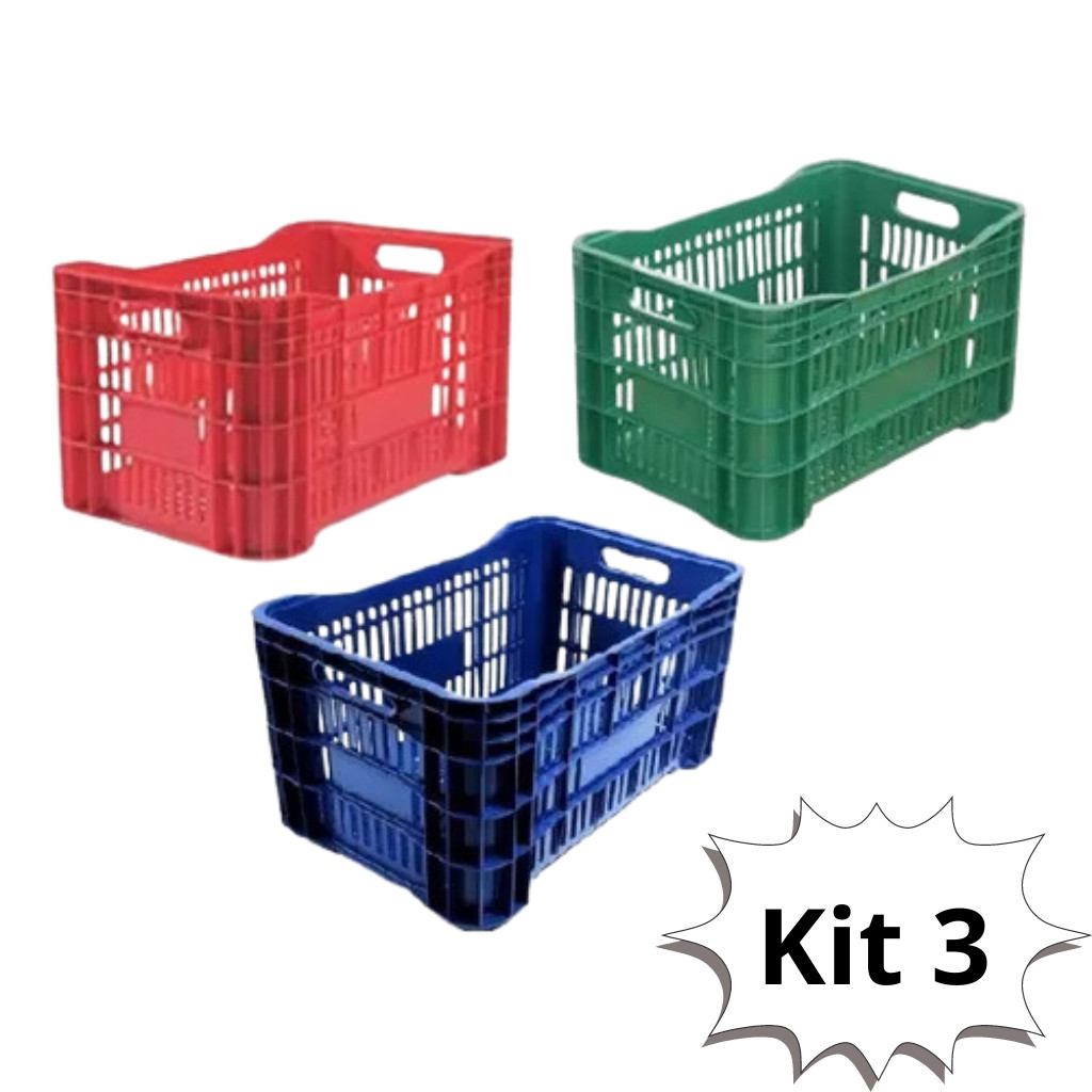 Kit 3 Caixas Plastica Multiuso 46 Litros - Caixa Para Hortifruti Reforçada - Caixa Plástica Empilhável de Supermercado