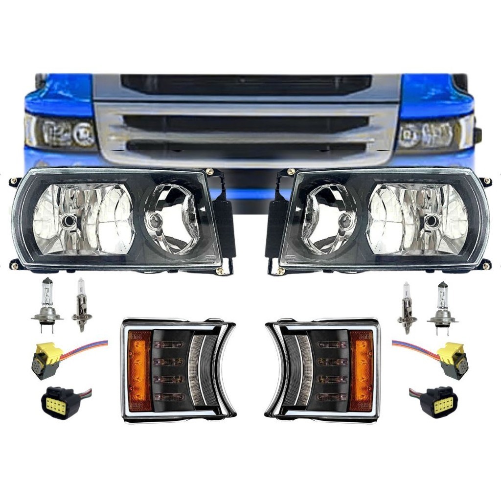 Kit Farol Principal Dianteiro Pisca Led C/ Lâmpadas e Conector Para Scania Série 5 PGR Máscara Negra