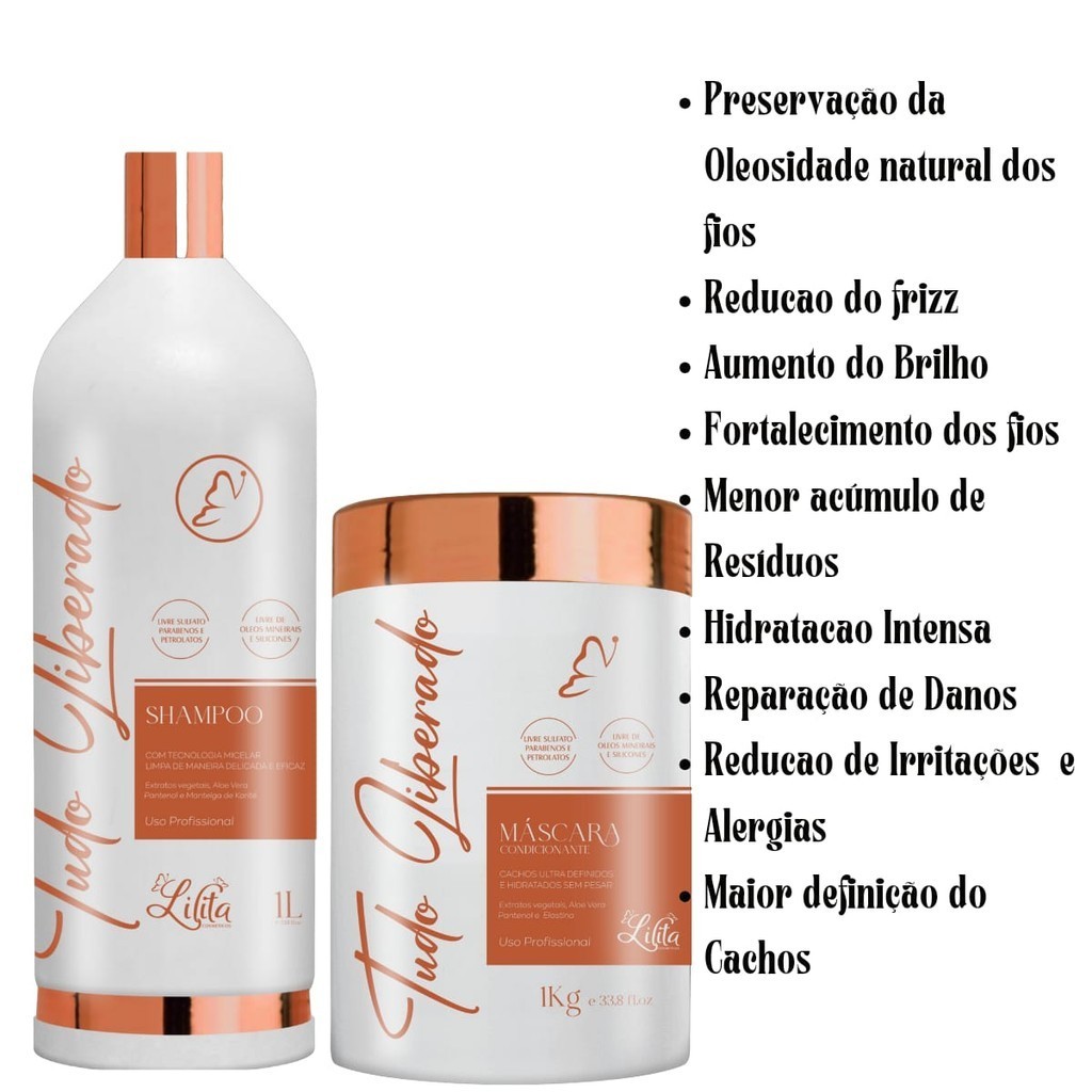 Kit Shampoo Low poo e Mascara Condicionante Tudo Liberado 1 Litro Recupera e Define os Cachos