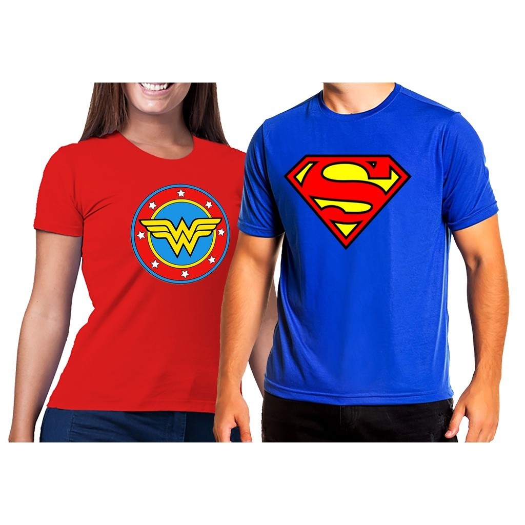 Kit Casal Crush Camisetas casalzinho Super Herói Super Man e mulher Maravilha 100% algodão em Oferta na Shopee