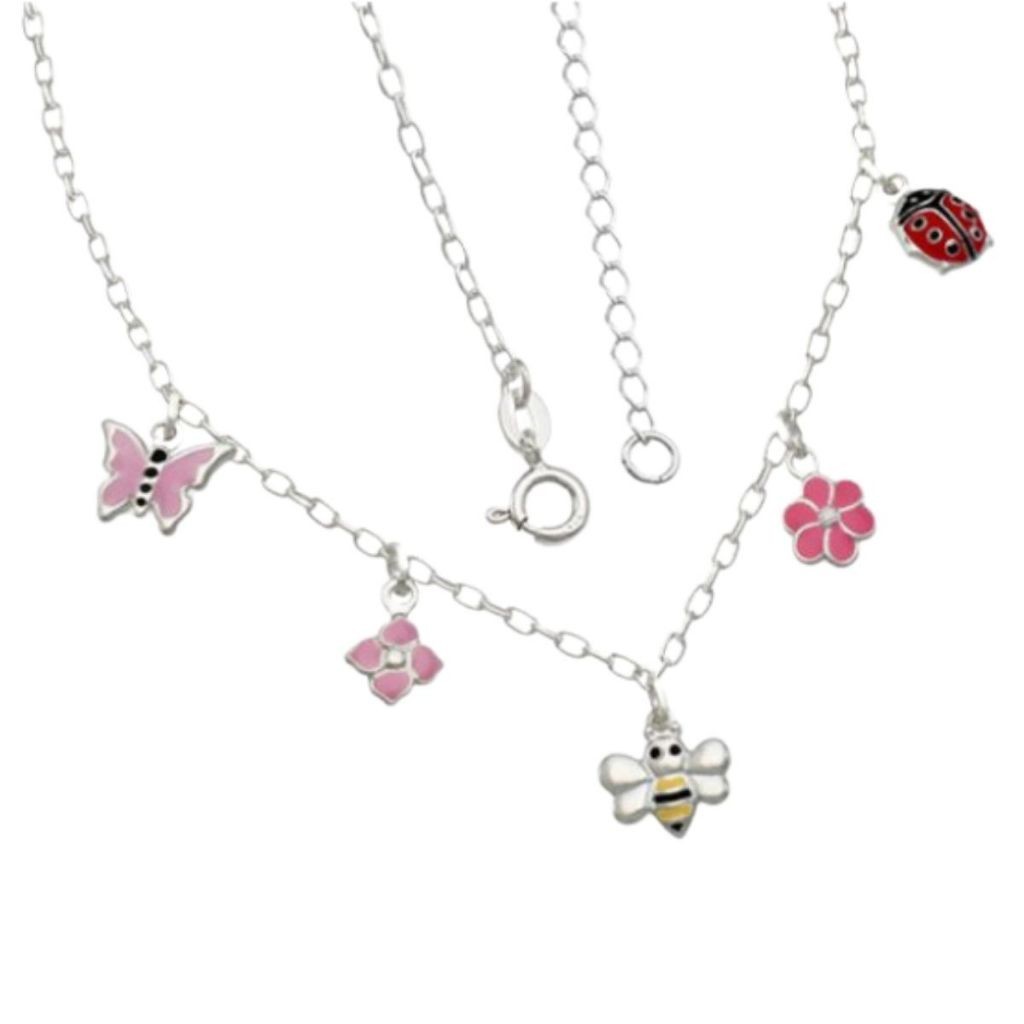 Colar Feminino de Prata 925 com Joaninha Abelha Borboleta e 2 Flores