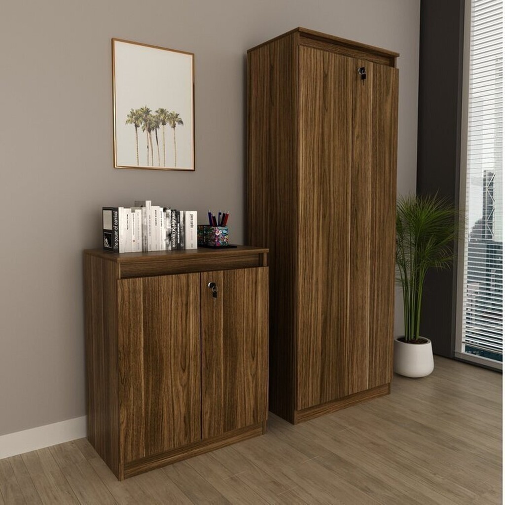 Kit 2 Peças Armário Escritório com 2 Portas com Chave, Balcão para Escritório com Chave e 2 Portas Nogal em Oferta na Shopee