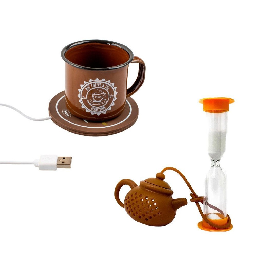 Jogo Xícara Marrom Com Aquecedor Base USB Infusor Chá Estilo Timer Prana