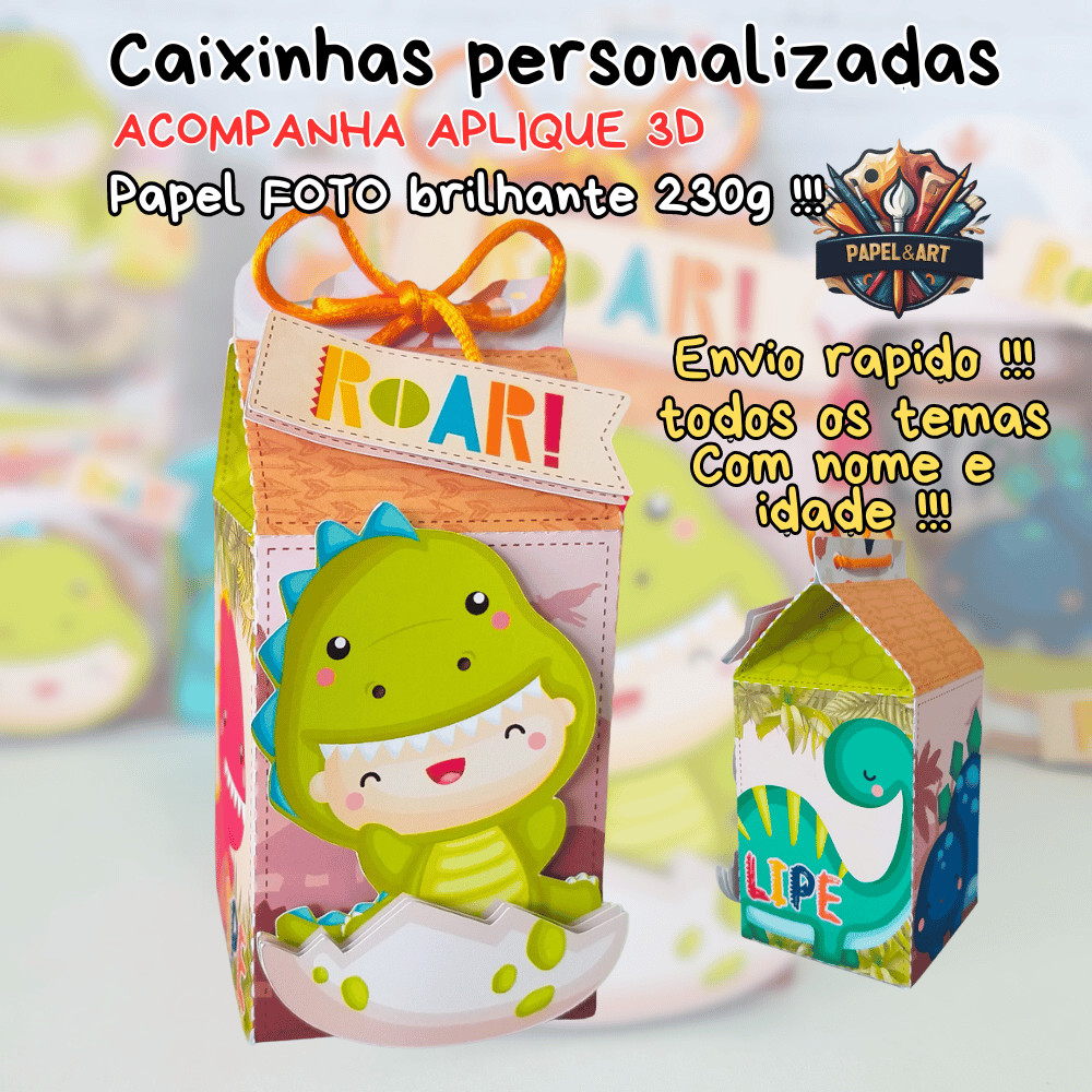 Kit 10un caixinha 3d personalizada Dino baby, dinossauro ,milk, piramide,bala papel foto 230g em Oferta na Shopee