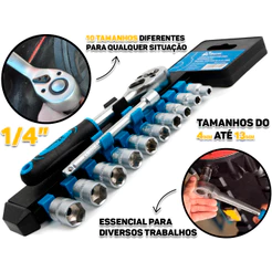 Chave Catraca Com Jogo De Soquetes Aço Cromo Vanádio 1/4 Polegadas 4 A 13mm Bramix