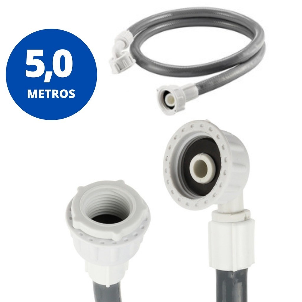 Mangueira Entrada Água Máquina de Lavar Universal Cinza Kaztec 5m Tubo de Reposição Conector Standard Longa