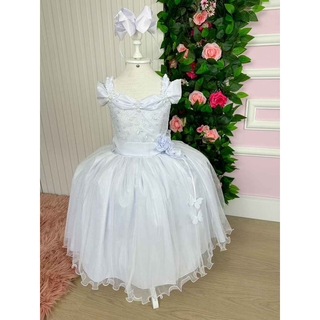 Vestido Marie Longo Manga Princesa Branco Casamento Formatura Noiva Batizado Elegante Luxo Clássico Cerimônia Festa Formal Princesa Sofisticado Delicado Glamouroso Chic Tradicional Romântico Solene Infantil Juvenil Festa Casual Menina Dia a Dia Feminino V