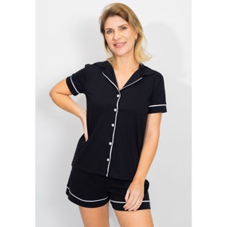 Pijama Feminino Curto modelo Americano Abertura com Botões Algodão Amamentação Pós-Cirurgico-Preto em Oferta na Shopee