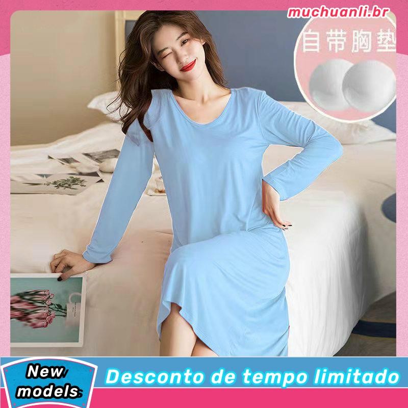 Camisola Mulheres Mid-Length over-the-Knee dress Pijamas com Peito Pad Manga Longa Camisolas Outerwear Casa desgaste