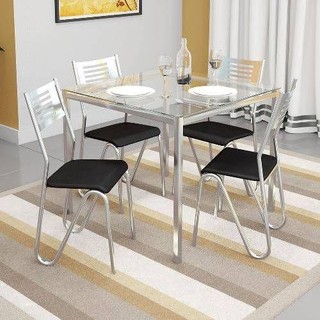 Sala de Jantar Completa Reno c/ Tampo de Vidro 90x90cm e 4 Cadeiras Nápoles Cromada/Preto 110 - Kappesberg em Oferta na Shopee