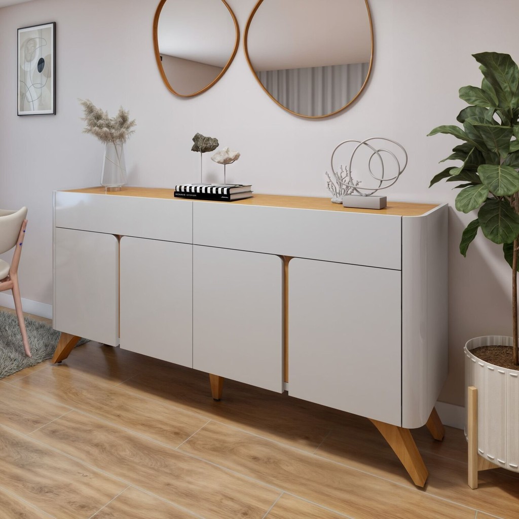 Buffet para Sala de Jantar Laqueado 100% MDF 4 Portas 172cm Pés em Madeira Maciça Florença Off White/Naturalle - Home & Living