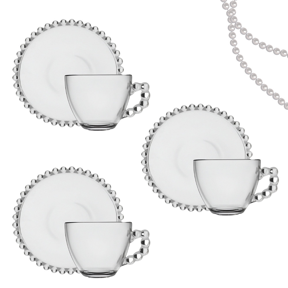 Jogo De Xícaras E Pires Em Vidro Transparente 6 Peças Para Café 100ml Pearl Pérola
