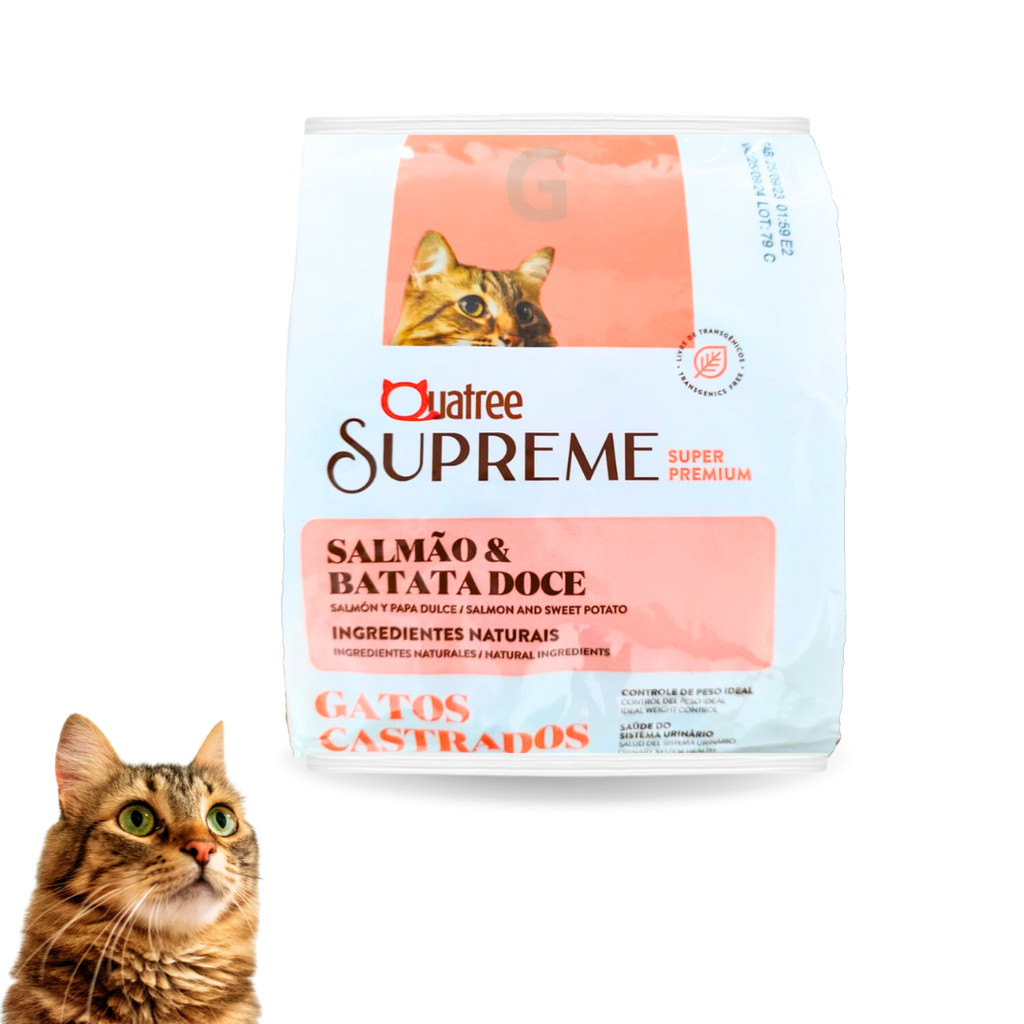 Ração Quatree Supreme Gatos Adultos Castrados Sabor Salmão e Batata Doce 1kg em Oferta na Shopee