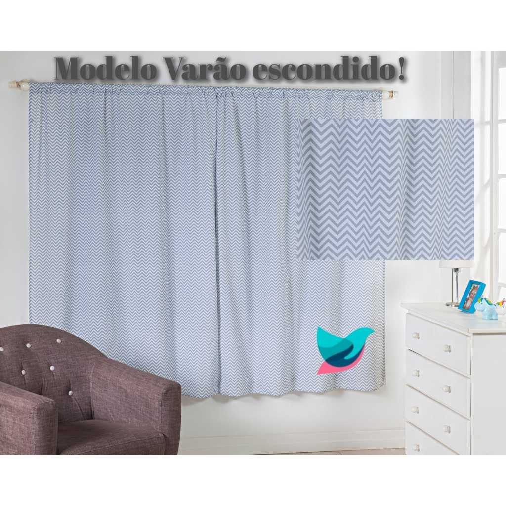 Cortina infantil Bebê de Parede chevron cinza com branco 2m x 1,60m Cortina para Varao simples cinza chevron