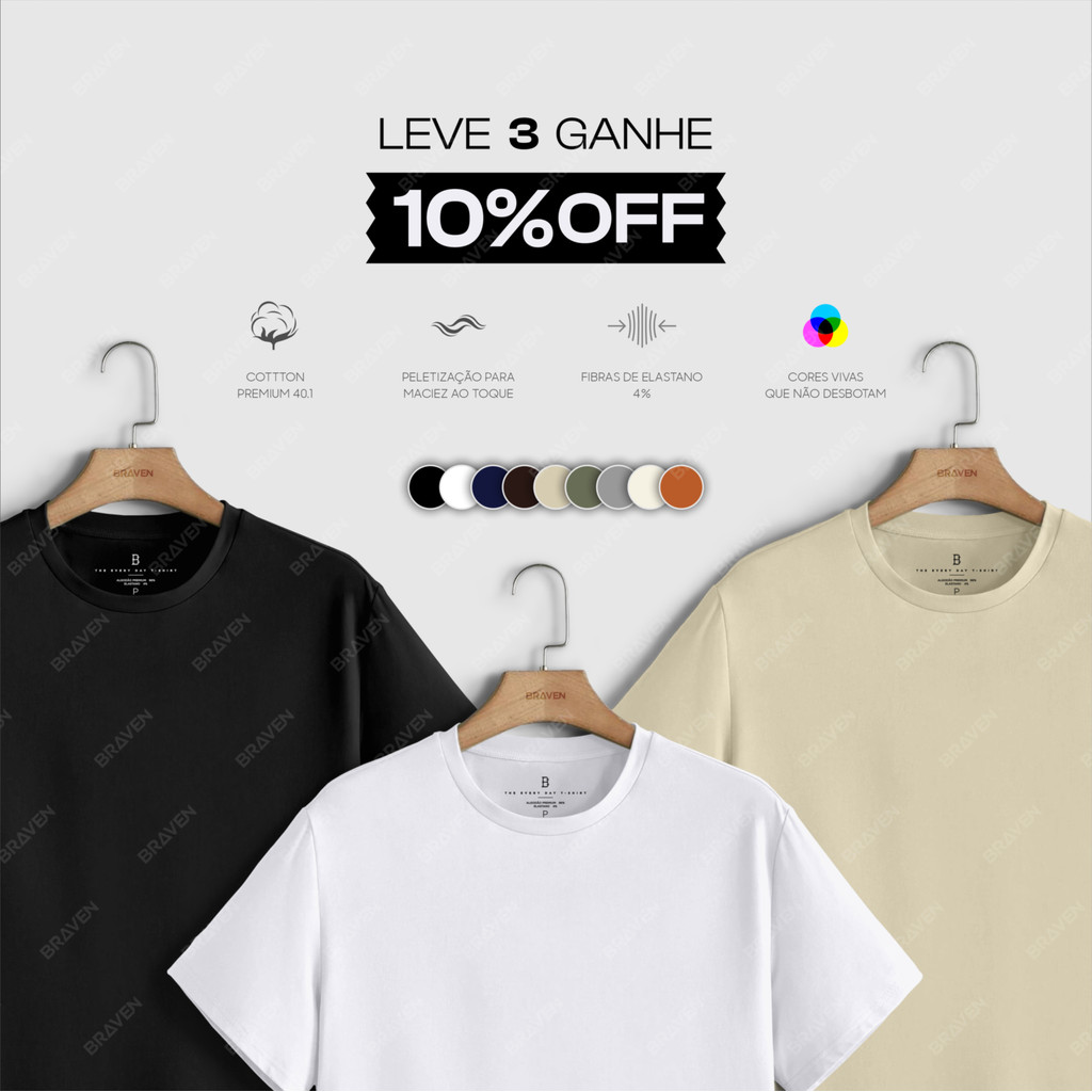 kit 3 Camisa Camiseta Masculina Básica Algodão Peruano Premium 40.1 com Elastano Pima em Oferta na Shopee