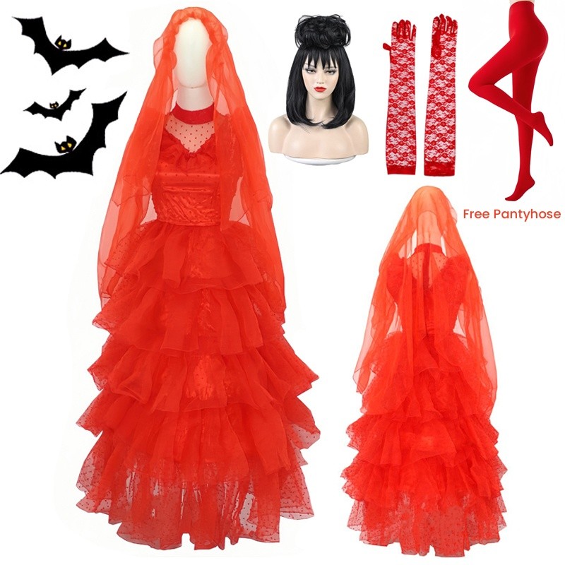 Besouro Noiva Lydia Deetz Cosplay Traje Vestido De Casamento Vermelho Noite Para Halloween Roupas Góticas