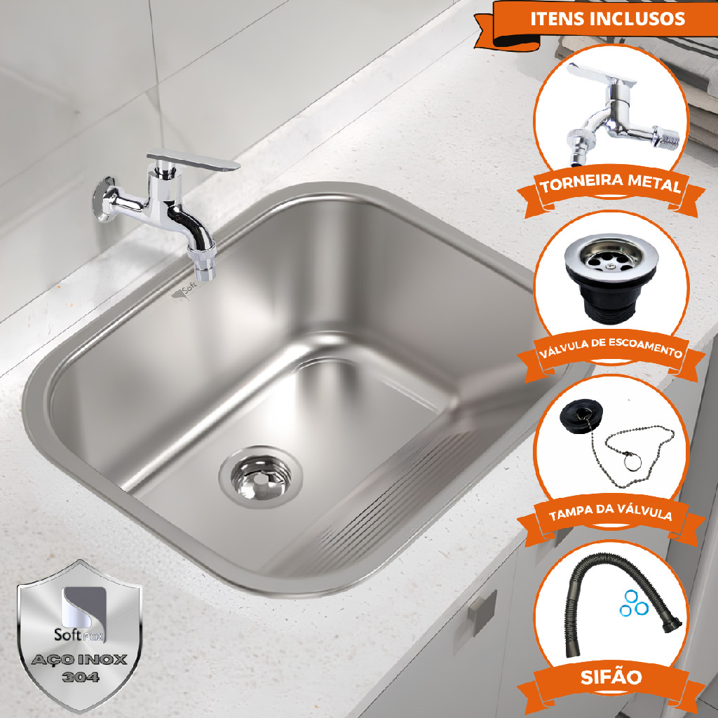 Kit Tanque Cuba Inox Lavanderia Monobloco 30L com Torneira metal
