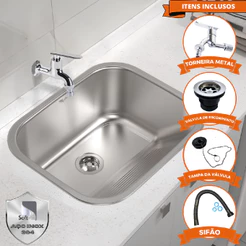 Kit Tanque Cuba Inox Lavanderia Monobloco 30L com Torneira metal