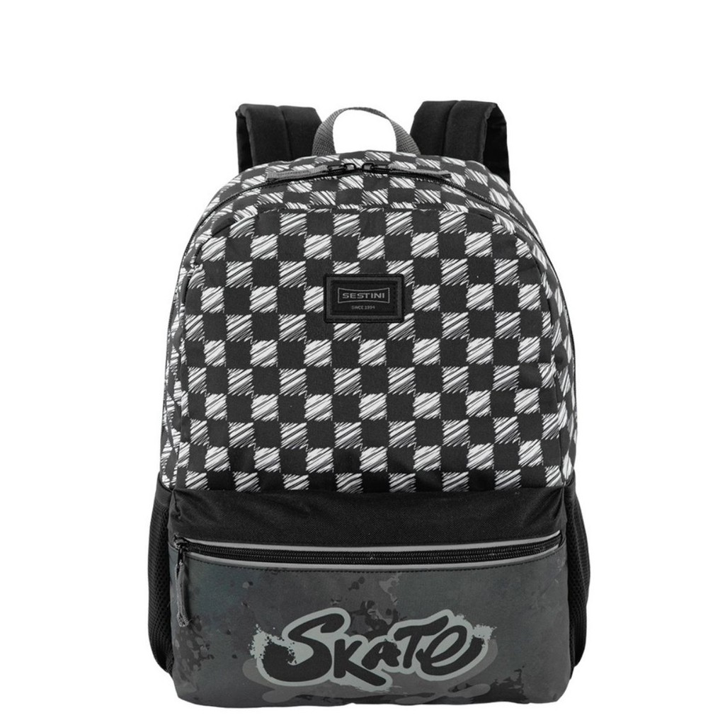 Mochila Costas Infantil Juvenil Grande Escolar Menino Skate Preto Branco Sestini