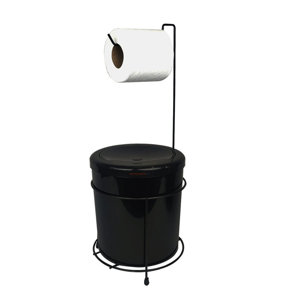 Suporte Porta Papel Higiênico Com Lixeira 5L Basculante Redonda Cesto Lixo Chão Banheiro Preto - 452 Rotaplast